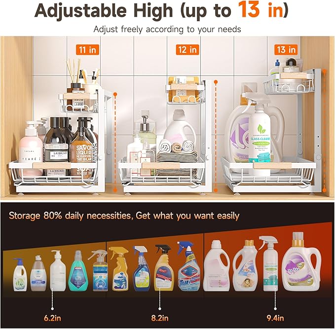 2 Packs Under Sink Organizer, High Adjustable 2 Tier Under Kitchen sink organizer, Multi-Purpose Storage Shelf for Kitchen Bathroom Cabinet, Black (White)-NeatNest