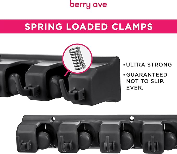 Combo 5 Slot Broom Holder w/ 1 Self Adhesive Mop Gripper No-Drilling, Wall Mount Tool Organizers For Kitchen, Garage, Laundry Room- Anti-Slip Hanger For Brooms, Mops, Rakes, Dustpans (Black / Black)-NeatNest
