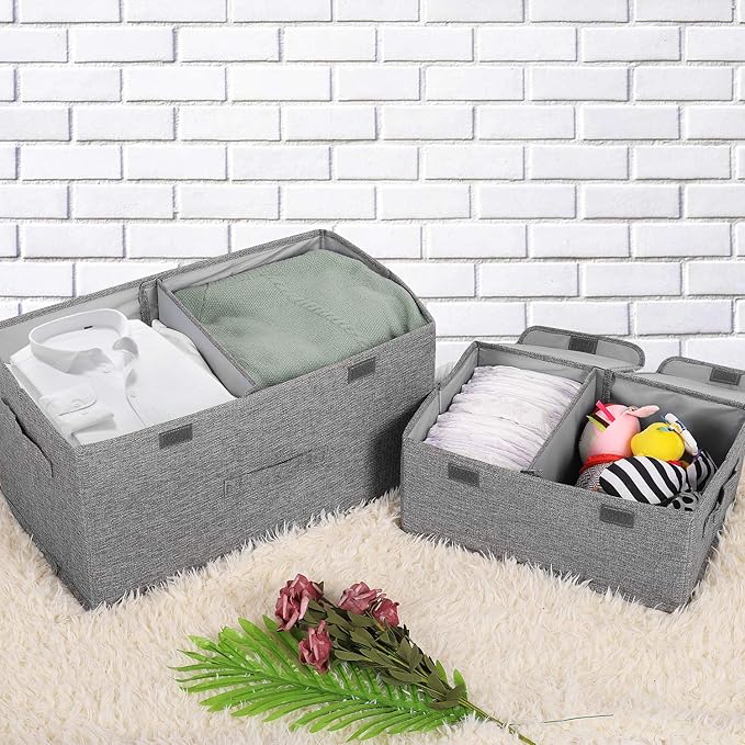 2 Pack Large Storage Boxes with Lids and Handles, Collapsible Linen Storage Bins Organizer Containers Baskets Cube with Removable Divider for Home Bedroom Closet Office (Coffee, Large)-NeatNest