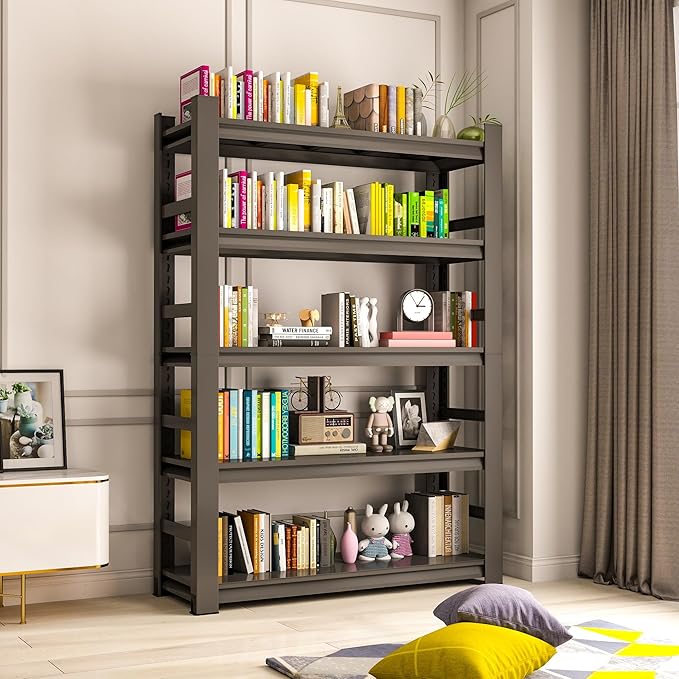 Bookshelf 5 Tier Metal Wide Bookshelves, Heavy Duty Bookcase Tall Book Shelf Storage Organizer, Adjustable Bookshelf For Bedroom/Living Room/Home Office/Library, Black(with fence-78"H*47.24"W*18"D)-NeatNest