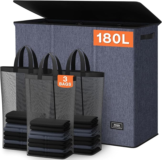 SOLEDI 180L 3-Section Laundry Hamper with Lid, Extra Large Dirty Clothes Basket with Sturdy Handles for Laundry Room & Bedroom - Durable Organizer for Sorting Laundry-NeatNest
