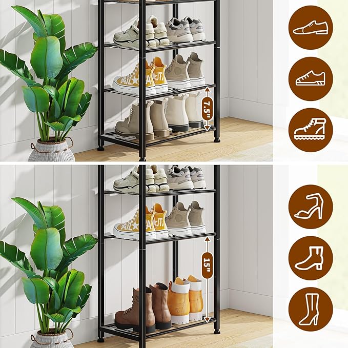 Simple Trending 8 Tiers Shoe Rack 16 Pairs Tall Wooden Plank Shoe Shelf with Hooks for Closet Entryway Organizer Sturdy Free Standing Shoe Storage Cabinet，Black-NeatNest