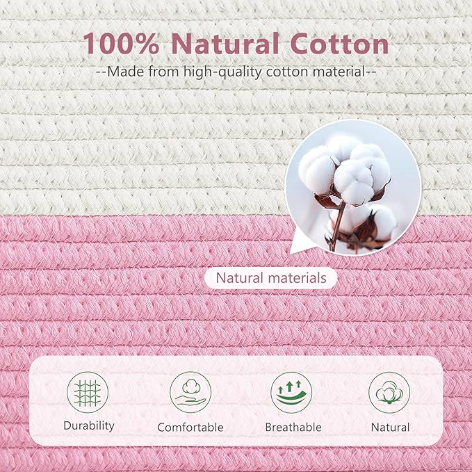 Cotton Rope Basket , Storage Baskets with Handle, 15x10x9 Inch Woven Basket for Shelves, Laundry, Towels, Clothes, Books, Toys (White/Pink 1Pack)-NeatNest
