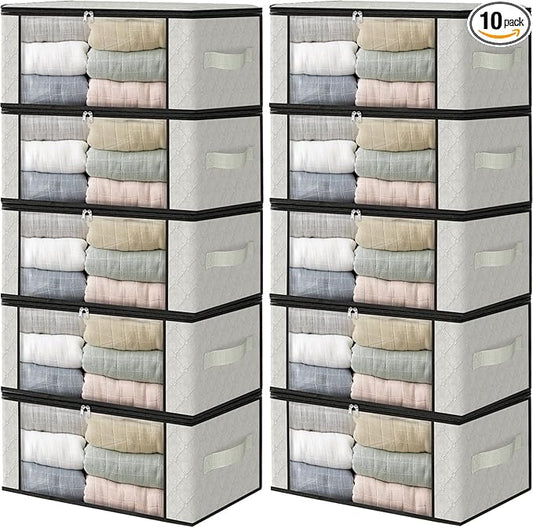 HomeHacks Storage 10-Pack Clothes Organizer Storage Bags Foldable Storage Box with Large Clear Window Sturdy Handles for Closet, Dorm, Pillows, Bedding, Clothes, Blankets, 35L, Ivory-NeatNest