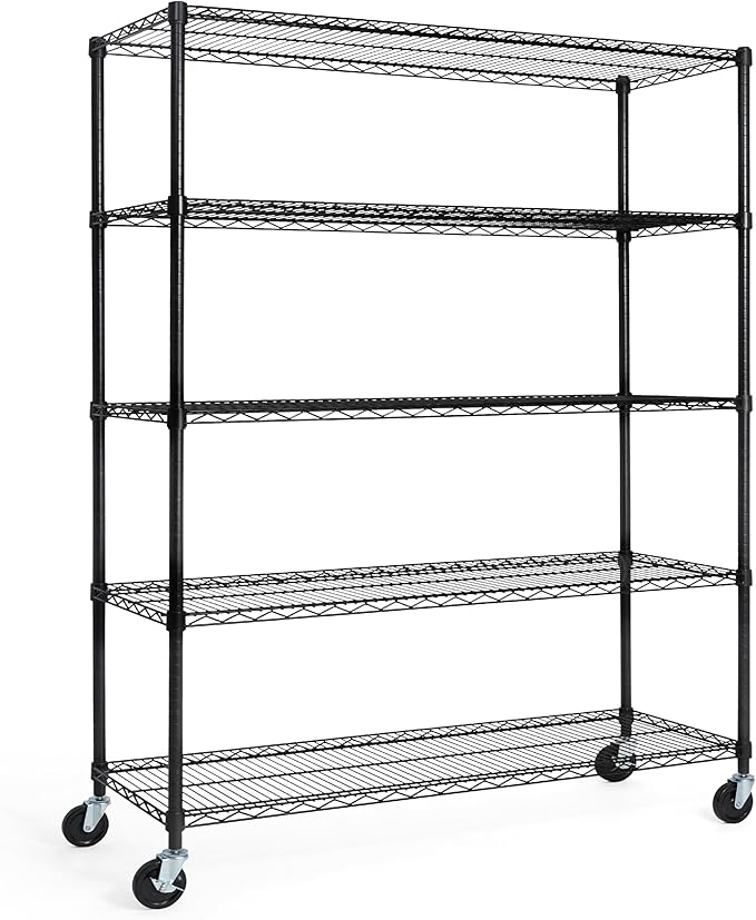 CAPHAUS NSF Commercial Grade Wire Shelving w/Wheels, Leveling Feet & Liners, Storage Metal Shelf, 48 x 18 x 76 5-Tier No Liner (RWW-CH48185HDW-BK@CH-CM)-NeatNest
