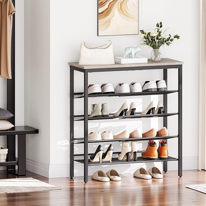 HOOBRO Shoe Rack for Entryway, 5-Tier Shoe Organizer with Adjustable Mesh Shelves, 16-20 Pairs of Shoes, Spacious Floor Mount, Metal, Industrial, Shoe Shelf for Closet, Greige BG12XJ01-NeatNest