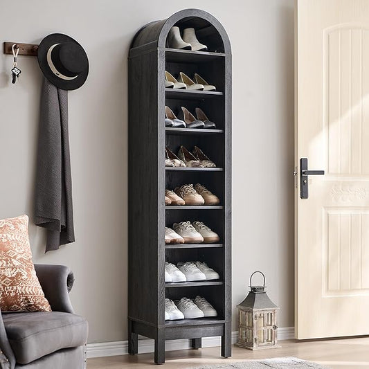 71" Tall Arched Shoe Storage Cabinet, 8 Tiers 16 Pairs Wooden Shoe Rack with 3 Adjustable Shelves, Freestanding Shoe Closet Shelf Organizer for Entryway, Hallway, Living Room (Dark Grey)-NeatNest