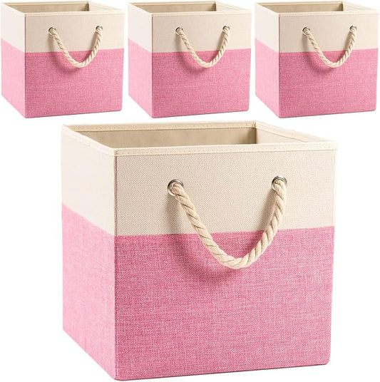 PRANDOM Large Foldable Cube Storage Bins 11x11 inch [4-Pack] Fabric Linen Storage Baskets Cubes Drawer with Cotton Handles Organizer for Shelves Nursery Closet Bedroom Pink-NeatNest