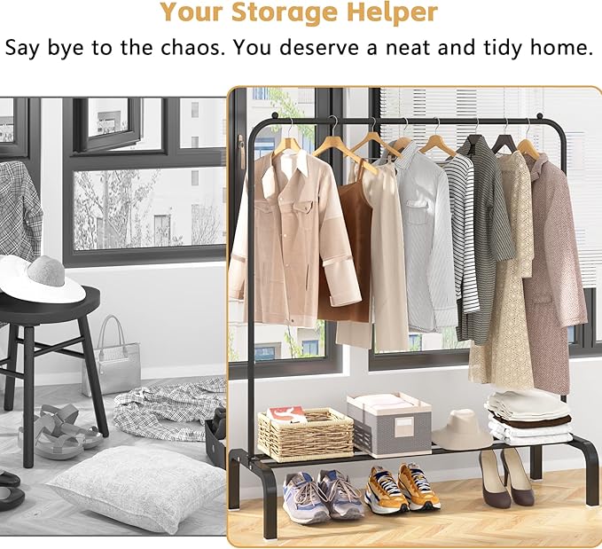 Clothes Rack Metal Clothing Rack with Bottom Shelf Garment Rack for Hanging Clothes Shirts Jeans and Coats Black-NeatNest