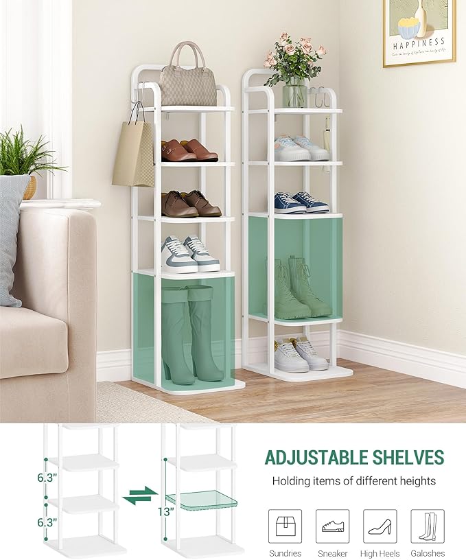 6 Tiers Vertical Shoe Rack, Narrow Shoe Tower, Tall Shoes Shelf with 2 Hooks, Adjustable Shelves, Corner Shoes Shelves for Small Spaces, Entryway, Living Room, White SR04213W-NeatNest