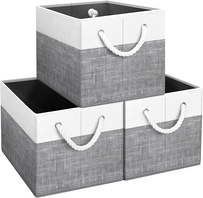Fab totes Storage Bins [3-Pack], Foldable Storage Baskets for Organizing Toys, Books, Shelves, Closet, Large Storage Box with Rope Handles, Sturdy Organizer Bins, White & Grey-NeatNest