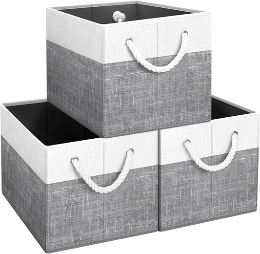 Fab totes Storage Bins [3-Pack], Foldable Storage Baskets for Organizing Toys, Books, Shelves, Closet, Large Storage Box with Rope Handles, Sturdy Organizer Bins, White & Grey-NeatNest