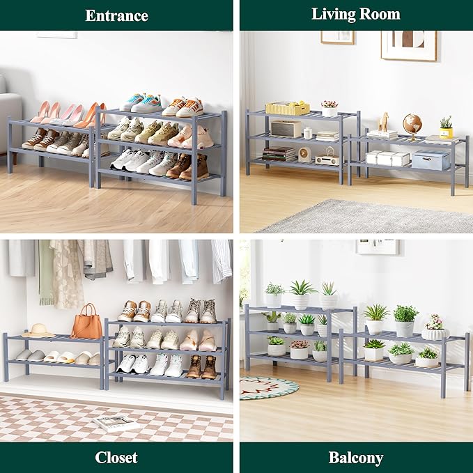 Smiry Bamboo Shoe Rack for Closet, 6 Tier Wooden Stackable Shoe Organizer, Free Standing Shoes Storage Shelf for Entryway, Front Door Entrance, Grey-NeatNest