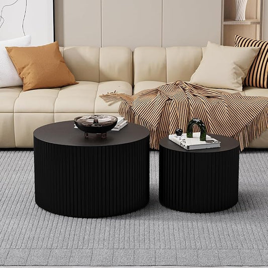 Round Coffee Table Set of 2, Nesting Coffee Table and End Table Set Small Circle Drum Side Table for Living Room Office, No Assembly (A Black Small)