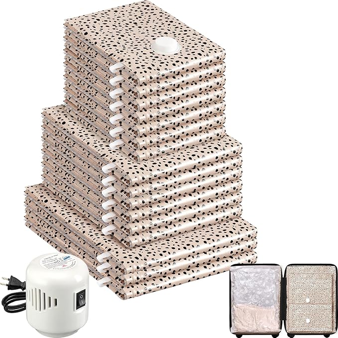 16 Pack Travel Vacuum Storage Bags with Electric Pump, 3 Large + 6 Medium + 7 Small Vacuum Sealer Bags, 80% Space Saver Bags for Luggage, Comforters and Blankets, Travel Essentials(Beige Leopard)-NeatNest