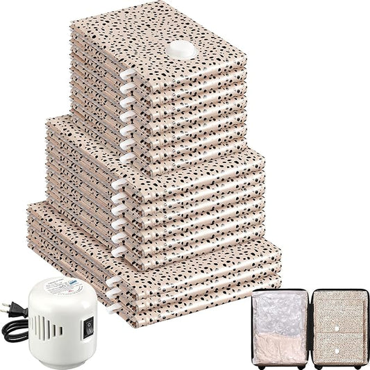 16 Pack Travel Vacuum Storage Bags with Electric Pump, 3 Large + 6 Medium + 7 Small Vacuum Sealer Bags, 80% Space Saver Bags for Luggage, Comforters and Blankets, Travel Essentials(Beige Leopard)-NeatNest