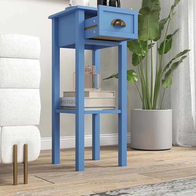 HOMCOM 2-Tier Side Table with Drawer, Narrow End Table with Bottom Shelf, for Living Room, Set of 1, Light Blue