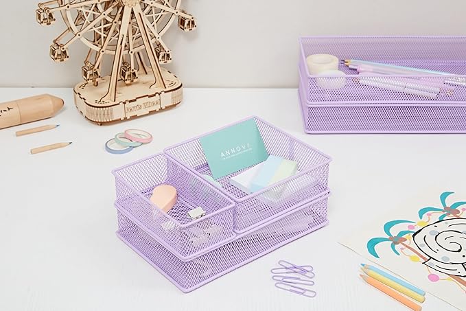 Annova Mesh Stackable Drawer Cabinet and Shelf Organizer Bins Storage Basket School Office Supply Holder Tray- Set of 2 (Light Purple, 6x9x2 Inch)-NeatNest