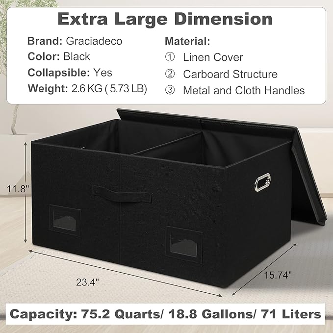 75 Quarts Extra Large Decorative Storage Bins with Lids, 3 Packs Black Collapsible Storage Bins with Lids, Stackable Storage Bins Decorative Box Storage With Lid Extra Large-NeatNest