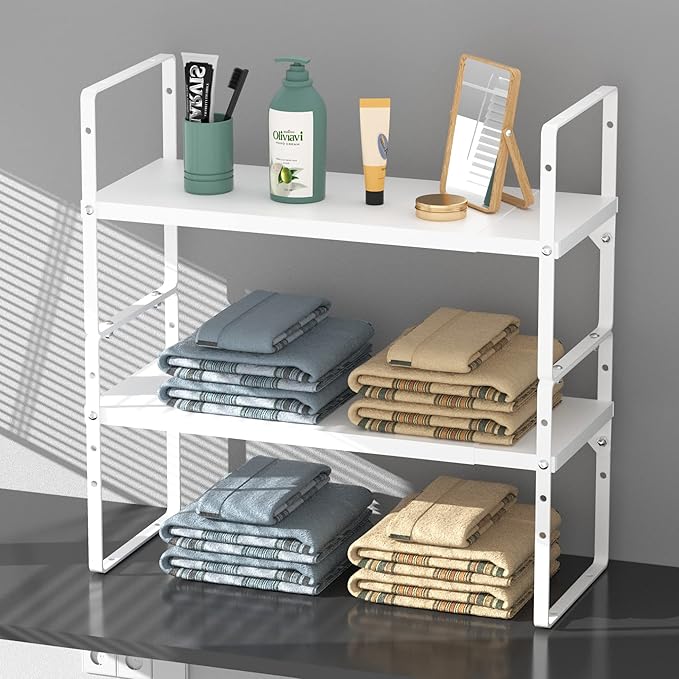 Slideep Expandable Cabinet Shelf 16.54'' to 27.17'', Stackable Cupboard Stand Spice Rack Kitchen Bathroom Pantry Cupboard Home Office for Cups, Dishes, Plates, Seasoning Bottles -White