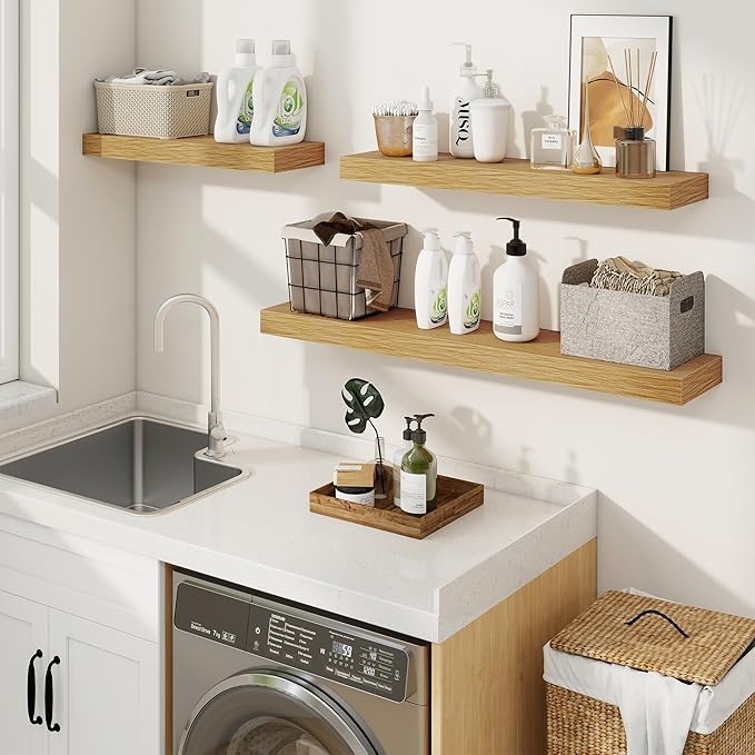 fuqing Floating Shelves for Wall, Bathroom Shelf Wall Mounted for Storage, Shelves with Invisible Bracket for Bedroom, Kitchen, Living Room, Farmhouse Small Book Shelf, 24 Inch Set of 2, Oak-NeatNest