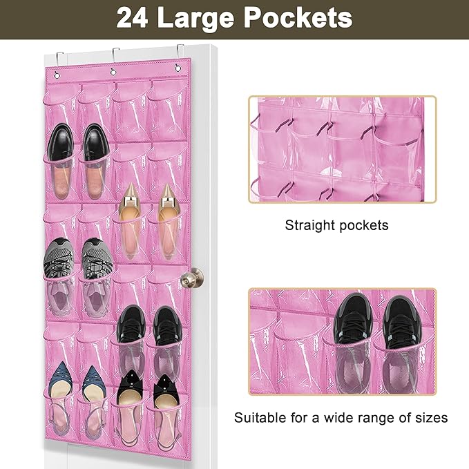 Over The Door Shoe Organizer - Space Saving Shoe Rack for Closet Door with 24 Pockets and Hook, Shoe Holder Back of Door Organizers for Shoes, Hanging Shoe Organizer (Pink)-NeatNest