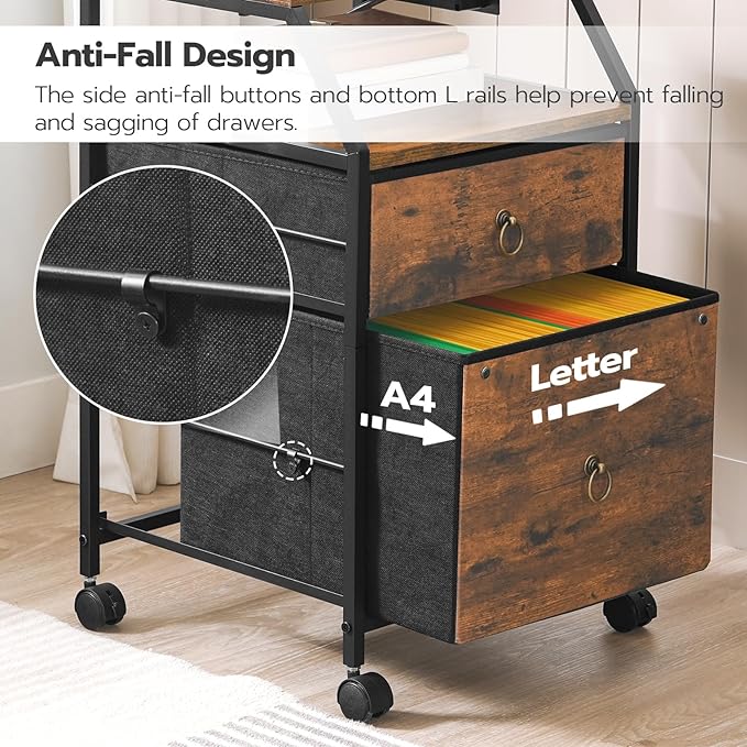 HOOBRO 2-Drawer Mobile File Cabinet, Filing Cabinet with Charging Station, Printer Stand with Open Storage Shelf, for A4/Letter Size, Home Office, Nonwovens Drawer, Rustic Brown and Black BF10UWJ01