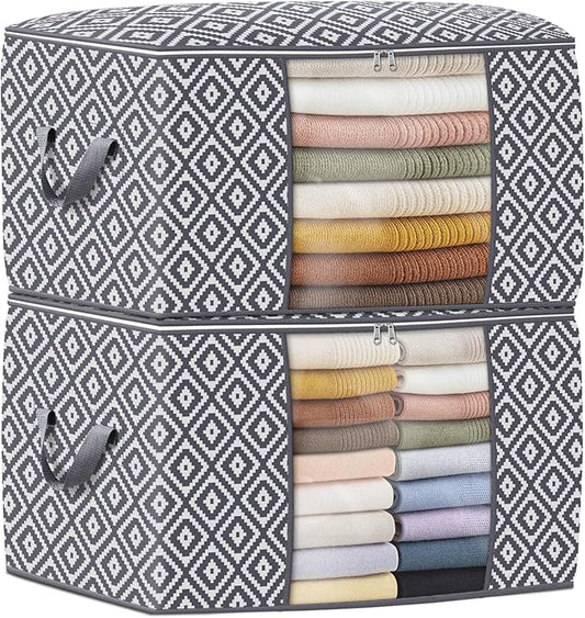 Direct 100L, 2 Pack, Storage Containers, Large Clothes Storage Bins Foldable Organization and Storage Bags with Reinforced Handle, Clear Window for Bedding, Blankets, Clothing, Grey-NeatNest