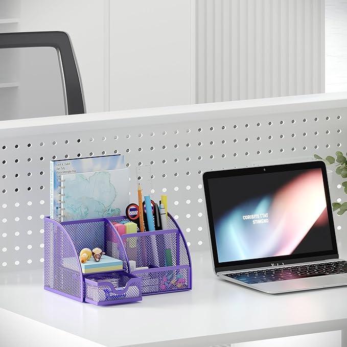 EasyPAG Mesh Desk Organizer, Multi-functional Stationery Organizer for School Supplies, Office Pen Holder for Desk, 6 Compartments Dorm Organization with Drawer, Purple