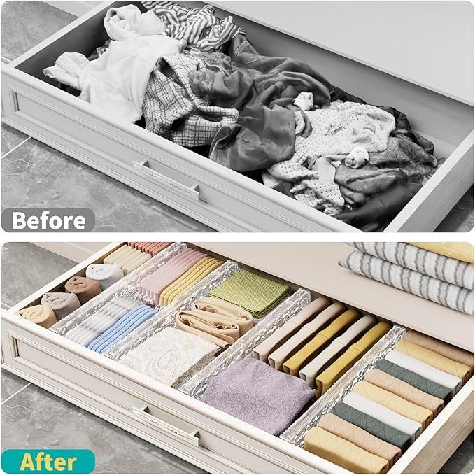 6 Pack Drawer Dividers Organizer, Adjustable 3.2" High Expandable from 11.8-20" Kitchen Stackable Drawer Organizer, Clear Plastic Drawers Separators, Kitchen and Office Storage-NeatNest