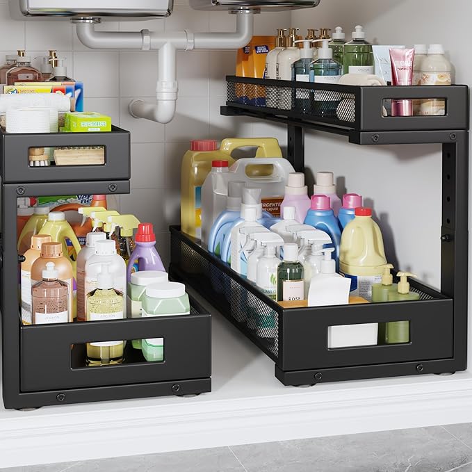 2 Pack 20.47IN Depth Under Sink Storage Organizer, Large 2-Tier Elegant Mesh Pull Out Shelf for Kitchen and Bathroom Cabinet Organization, L-Shaped and Adjustable Height Design-Black-NeatNest