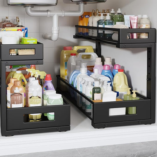 2 Pack 20.47IN Depth Under Sink Storage Organizer, Large 2-Tier Elegant Mesh Pull Out Shelf for Kitchen and Bathroom Cabinet Organization, L-Shaped and Adjustable Height Design-Black-NeatNest