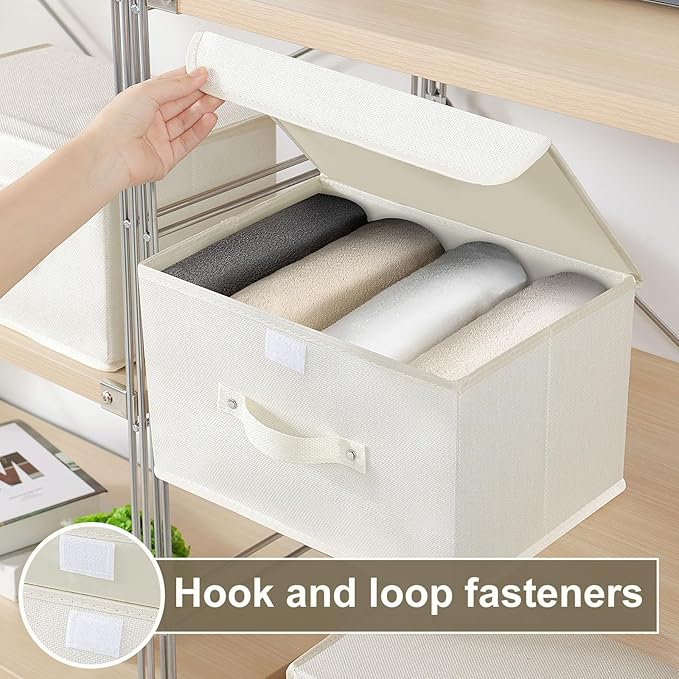 Fabric Storage Bins Cube Organizers with Flip-Top Lid and Handles,Storage Boxes for Organizing Home,Office,and Closet,Beige,3 Pack 13 X 9.1 X 7.9 in-NeatNest
