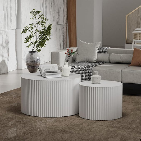 Round Nesting Coffee Table White Modern Circular Stripe Coffee Tables Set of 2 No Assembling for Small Space - Living Room Study Balcony (J-27.6+19.7in)