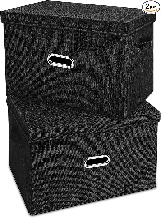 Large Linen Fabric Foldable Storage Bins with Removable Lid and Handles, Washable Storage Box Organizer Containers Baskets Cube with Cover for Bedroom,Office(Black, XXL(2-Pack))-NeatNest