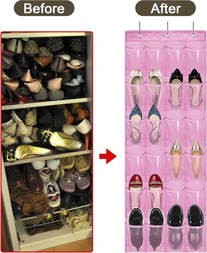 Over The Door Shoe Organizer - Space Saving Shoe Rack for Closet Door with 24 Pockets and Hook, Shoe Holder Back of Door Organizers for Shoes, Hanging Shoe Organizer (Pink)-NeatNest