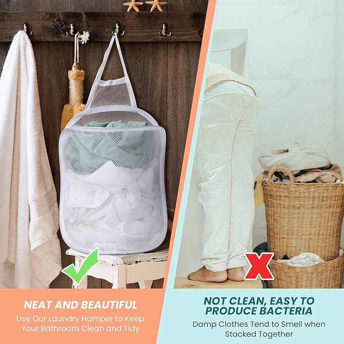 3 Pieces Hanging Laundry Hamper Laundry Bag to Hang Foldable Mesh Hamper Dirty Cloth Basket with Carry Handle Door Net for Store Cloth, Toy, Camping, Hotel Use-NeatNest