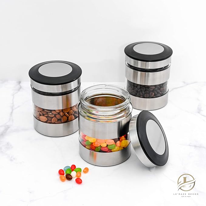 Le'raze Airtight Food Storage Container for Kitchen Counter with Window, [Set of 3] Canister Set Ideal for Flour Tea, Sugar, Coffee, Candy, Cookie Jar…
