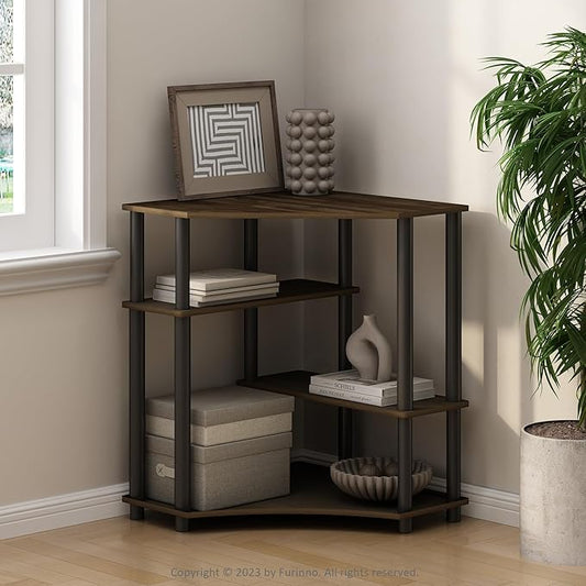 Furinno Turn-N-Tube Multipurpose Corner Shelf, Display Rack, Bookshelf, Columbia Walnut/Black-NeatNest