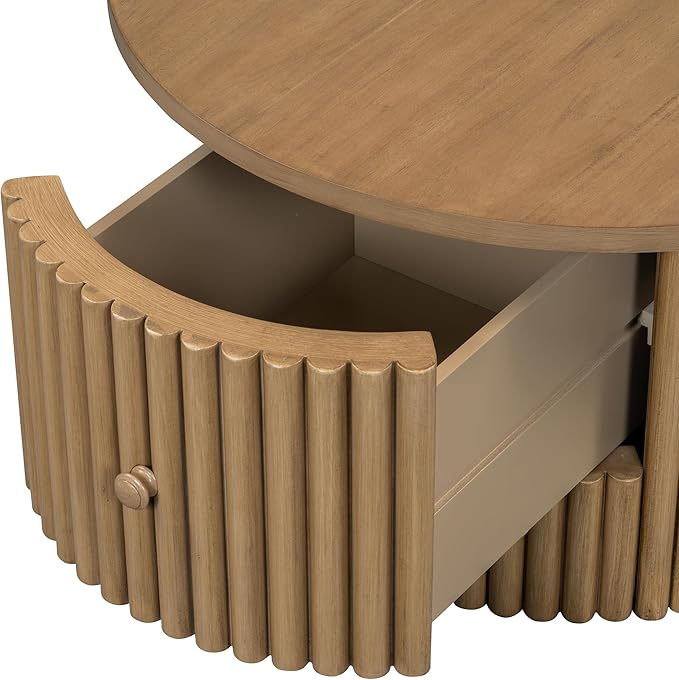 30.5" Round Storage Coffee Table, Rustic Circle Coffe Table for Living Room, Fluted Accent Wood Center Tables Farmhouse, Tea Table with Drawer for Apartment Small Space - Oak