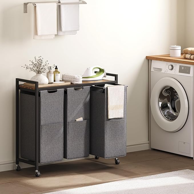 HOOBRO Laundry Sorter 3 Section, Laundry Hamper with Wheels, 3 × 11.5 Gal (43.4L), Rolling Laundry Basket, Pull-Out and Removable Oxford Fabric Laundry Bags, Rustic Brown and Grey BFG76XY01-NeatNest