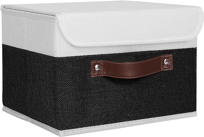 ANMINY Storage Boxes with Lids Washable Decorative Storage Bins Basket with PU Leather Handle Foldable Linen Fabric Storage Cubes Containers for Home Closet Organizer - Black White, Small Size-NeatNest