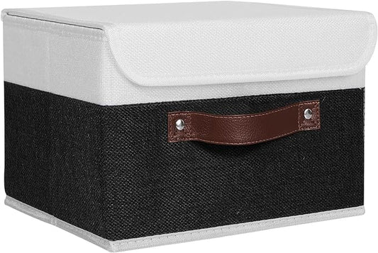 ANMINY Storage Boxes with Lids Washable Decorative Storage Bins Basket with PU Leather Handle Foldable Linen Fabric Storage Cubes Containers for Home Closet Organizer - Black White, Small Size-NeatNest