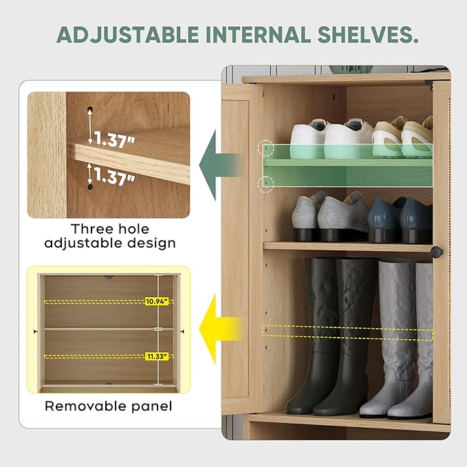Yechen Natural Rattan Shoe Cabinet, 5-Tier Shoe Rack Storage Organizer with Doors, Metal Legs, Entryway Shoe Cabinet for Modern Heels, Boots, Entrance Hallway (1 Piece, Natural)-NeatNest