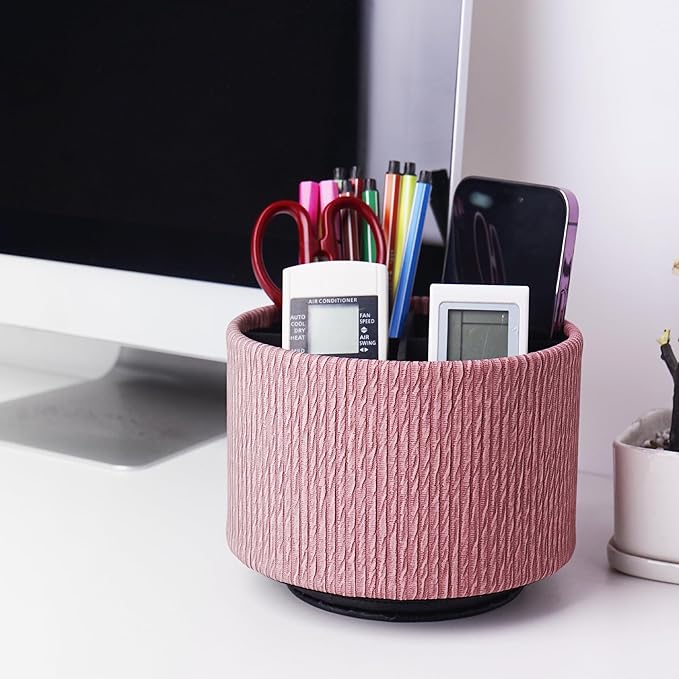 Hennaja Round Leather Art Supply Organizer,Remote Control Holder,360 Degree Spinning,Multi-Functional Pencil Holder,4 Compartments Desktop Stationary Organizer(1-Wood Pink)-NeatNest
