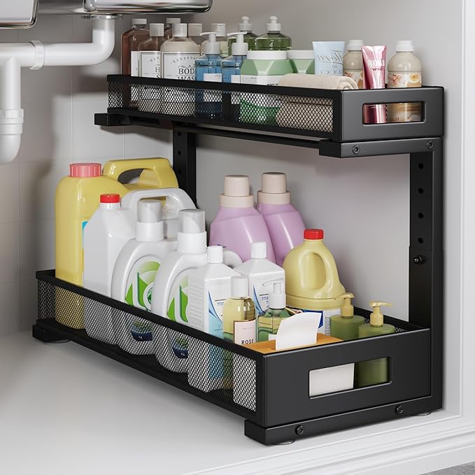 1 Pack 19IN Depth Under Sink Storage Organizer, Large 2-Tier Elegant Mesh Pull Out Shelf for Kitchen and Bathroom Cabinet Organization, L-Shaped and Adjustable Height Design-Black-NeatNest