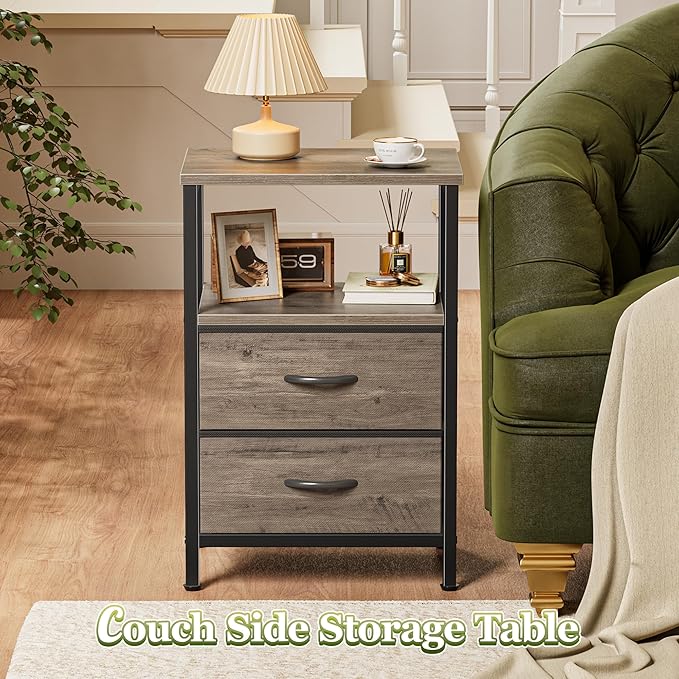 Huuger Night Stand Set of 2, Nightstand with 2 Drawers, Bed Side Table with Open Shelf, Wooden Top, End Table, Fabric Drawer with Oak Wooden Print Surface, for Bedroom