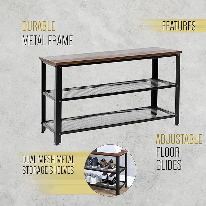 HBCY Creations Rustic Brown Solid Pine Wood 3-Tier Entryway Shoe Rack Bench with Metal Mesh Shelves, for Entryway, Mudroom, or Bedroom, and More!-NeatNest