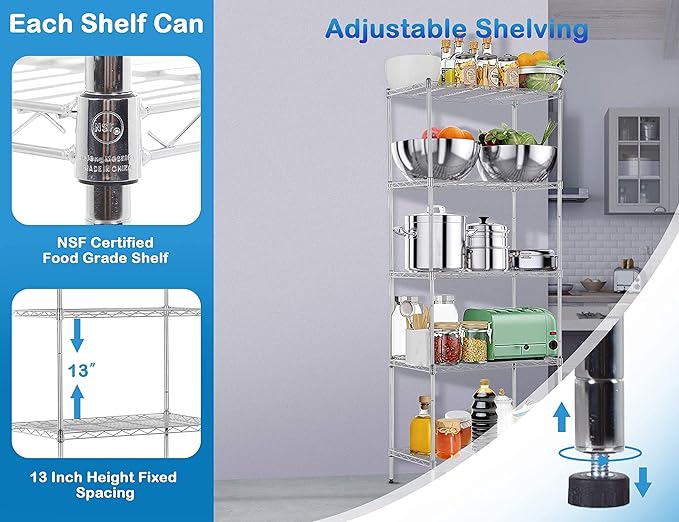 5-Tier Metal Wire Shelving Unit Snack Shelf Storage Rack NSF Certified Storage Shelves 750 Lbs Capacity Standing Utility Shelf for Laundry Kitchen Pantry Garage Organization