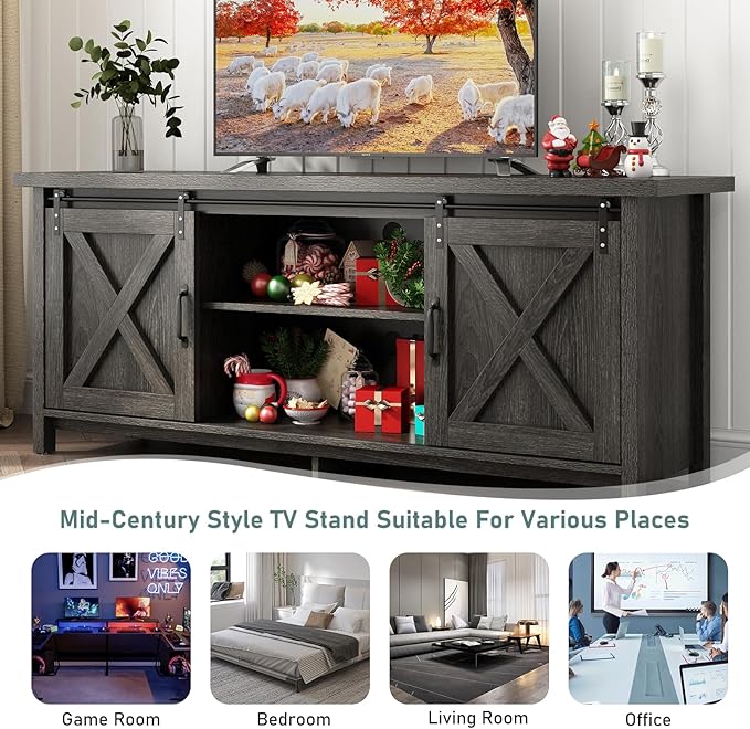 58" Farmhouse TV Stands for 55 60 70 inch TV w/Adjustable Shelves,Sliding Barn Door.Wooden Entertainment Center,TV Console Cabinet with Storage for Bedroom Living Room(Dark Grey)-NeatNest